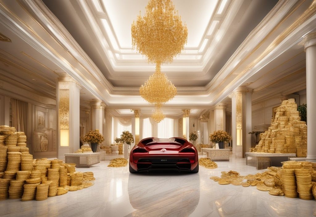 Luxuriöser Lebensstil mit Designer-Taschen, Luxusautos, einer Villa und Goldmünzen, symbolisiert enormen Reichtum und Wohlstand.