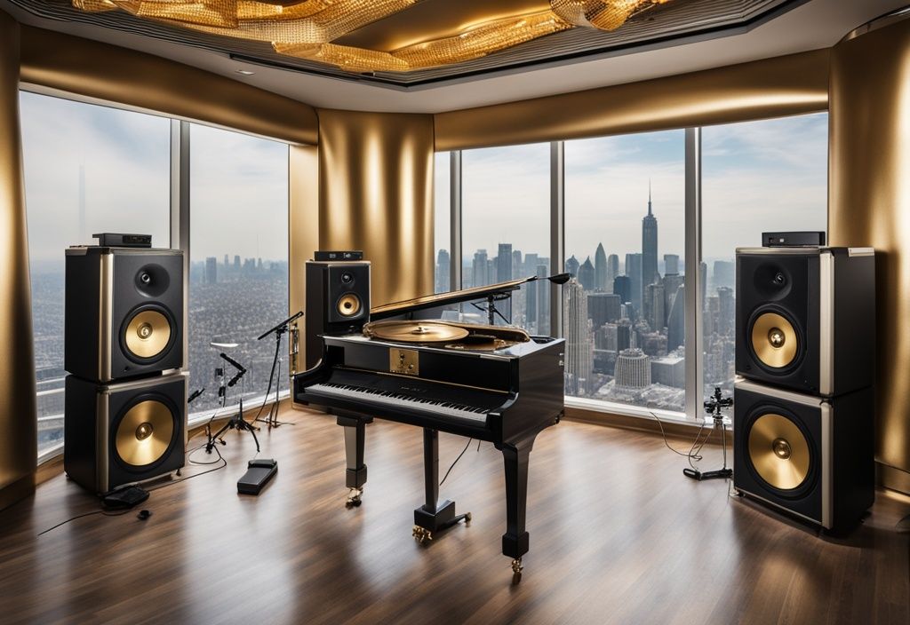 Luxuriöses Tonstudio mit hochwertigem Musikequipment, einer Goldenen Schallplatte an der Wand und einer Skyline-Aussicht aus einem Hochhaus, symbolisierend für Eko Fresh Vermögen.