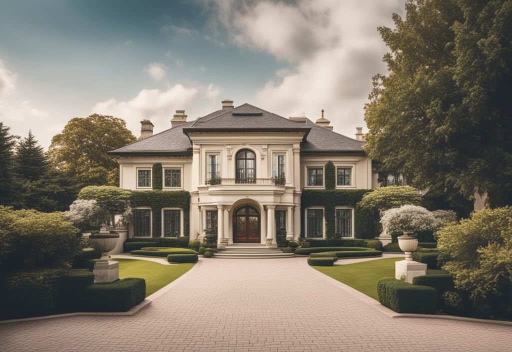 Prunkvolles Herrenhaus mit luxuriösem Auto in der Einfahrt, umgeben von einem schön angelegten Garten, symbolisiert Reichtum und Erfolg.