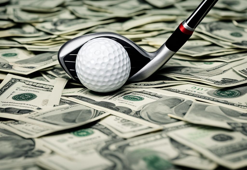 Golfschläger und Ball auf einem Geldstapel, Symbol für Reichtum in der Golfbranche