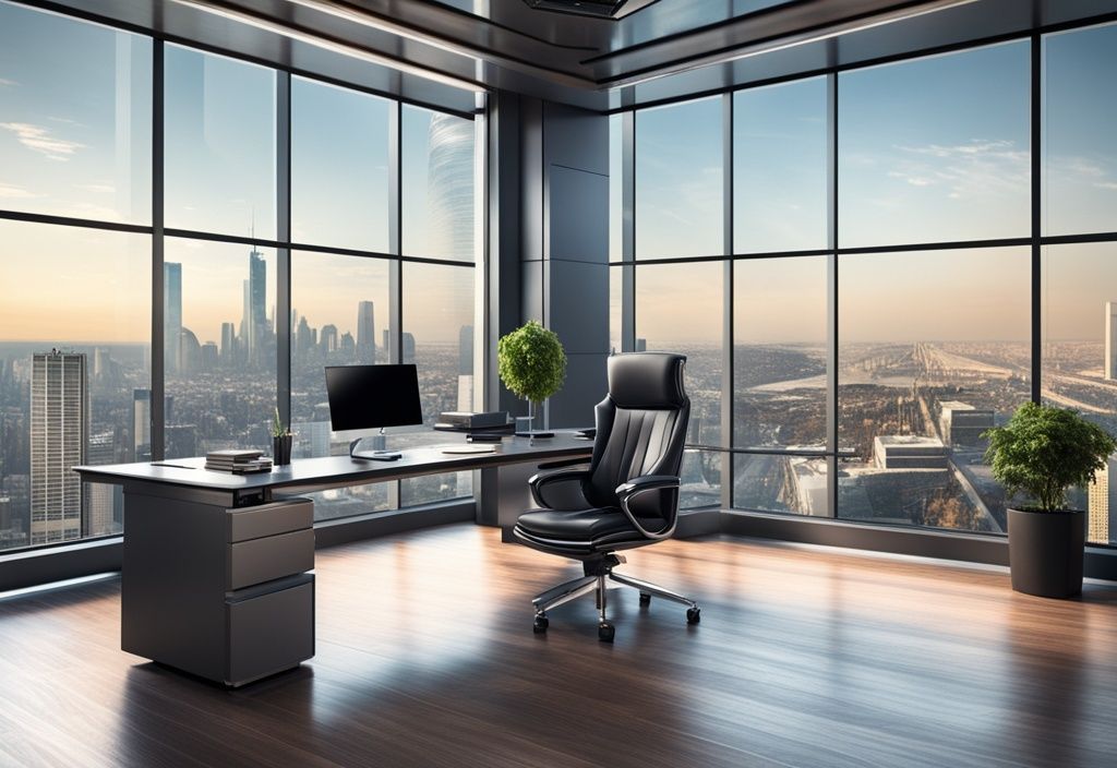 Luxuriöses Büro mit großem Schreibtisch, High-Tech-Gadgets und Panoramablick auf die Skyline, symbolisiert Mate Rimac Vermögen und Erfolg in der Automobilindustrie.