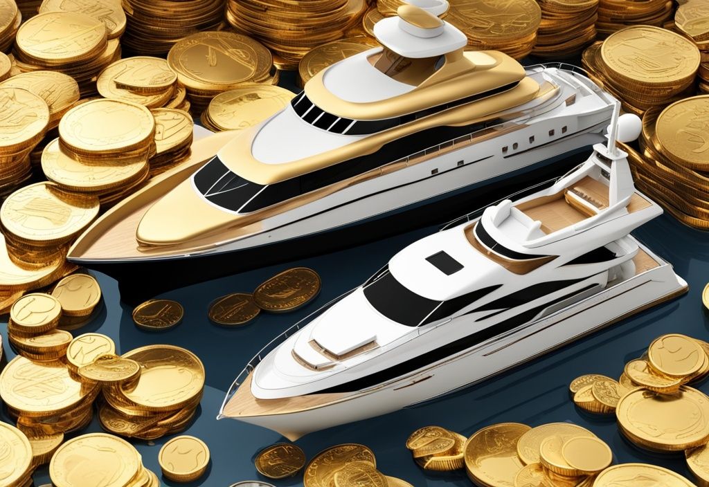 Luxusgüter Sammlung mit Yacht, Villa, Privatjet und Goldmünzen, die enormen Reichtum symbolisieren.