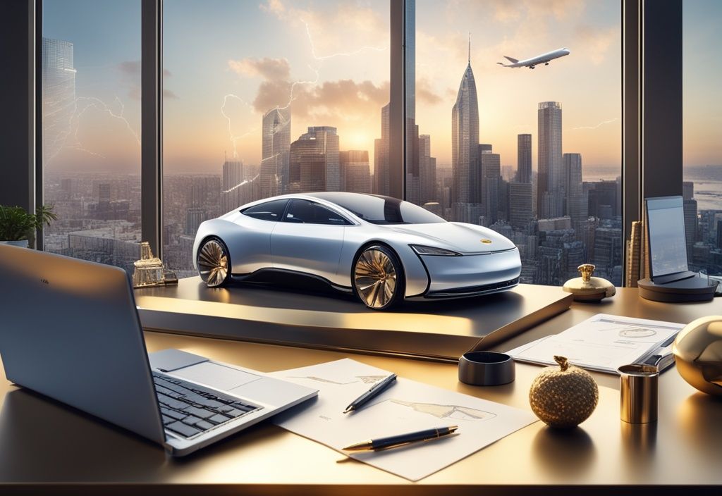 Luxuriöses Büro mit Hightech-Elektroauto-Modell auf dem Schreibtisch, großes Fenster mit Blick auf die Skyline der Stadt, Symbole des Reichtums wie ein goldener Stift, eine teure Uhr und ein Laptop mit Grafiken steigender Vermögenswerte.