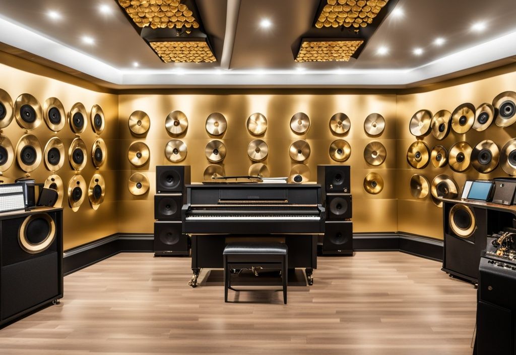 Luxuriöses Tonstudio mit hochwertigen Musikinstrumenten und goldenen Schallplatten an der Wand, symbolisiert Simone Sommerland Vermögen in der Musikindustrie.
