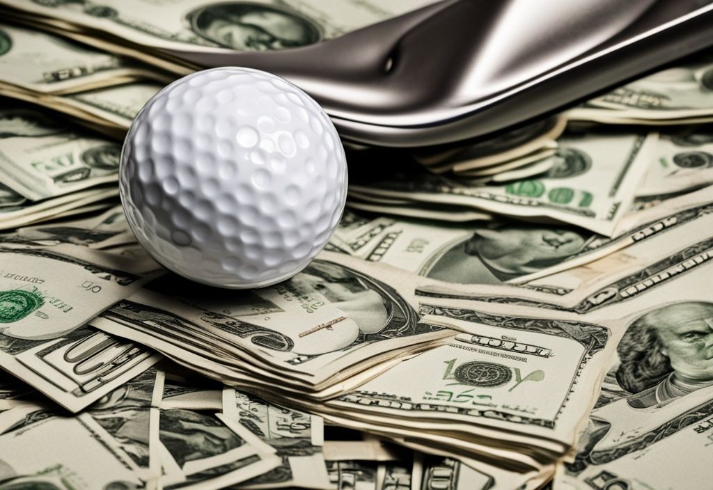 Golfschläger und Ball auf einem Geldstapel, symbolisierend Reichtum in der Golfbranche