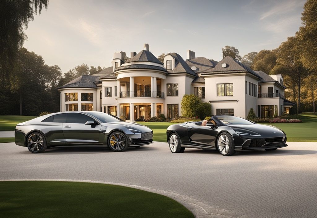 Luxuriöser Golfplatz mit großem Herrenhaus im Hintergrund, einem geparkten Sportwagen und einem Golfbag mit goldenen Schlägern, symbolisiert Tiger Woods Vermögen.