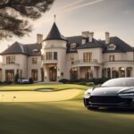 Luxuriöser Golfplatz mit großer Villa im Hintergrund, einem geparkten High-End-Sportwagen und einem Golftasche mit goldenen Schlägern, symbolisch für Tiger Woods Vermögen.
