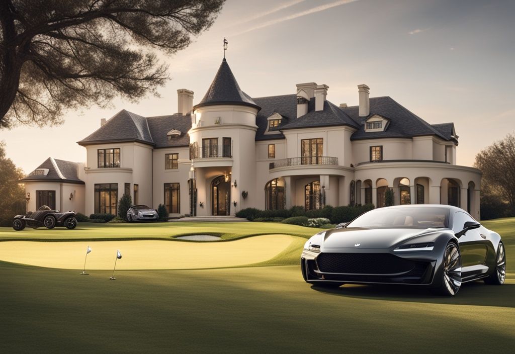 Luxuriöser Golfplatz mit großer Villa im Hintergrund, einem geparkten High-End-Sportwagen und einem Golftasche mit goldenen Schlägern, symbolisch für Tiger Woods Vermögen.