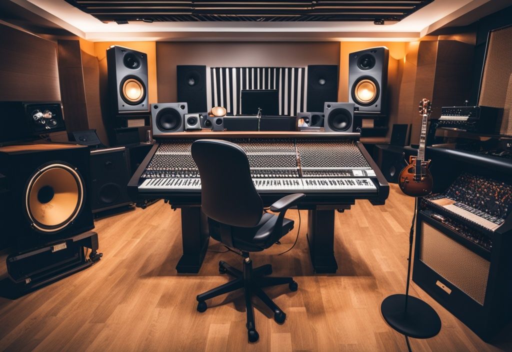 Luxuriöses Tonstudio mit hochwertigen Musikinstrumenten und Equipment, symbolisiert den Reichtum eines erfolgreichen Musikers.